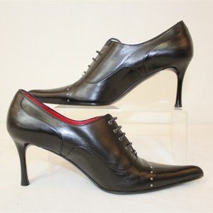 Rare MARIO BRUNI Italy Black Leather Pointed Toe Oxford Heels MINT Condition- 37